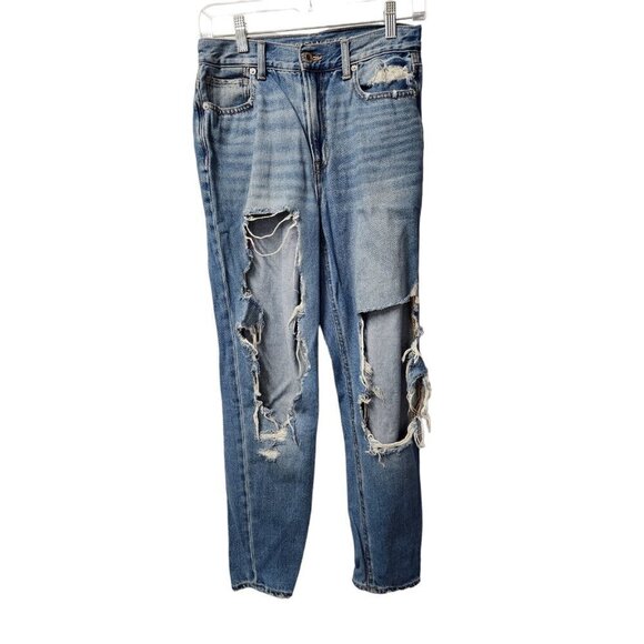American Eagle AEO Mom Jeans Distressed Denim Blue Womens Size 2 Regular 2R - Picture 1 of 8